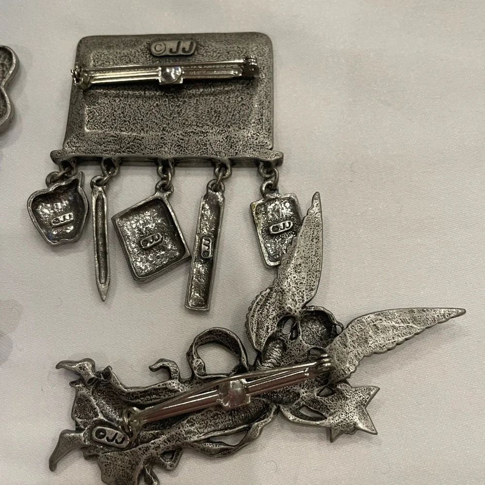 Lot of 4 Vintage JJ Jonette Pewter Pins Angel, Wine Bottle, Dog Bone, Math Board